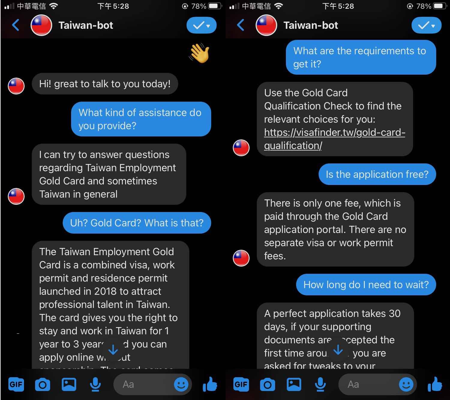 Conversation with the bot